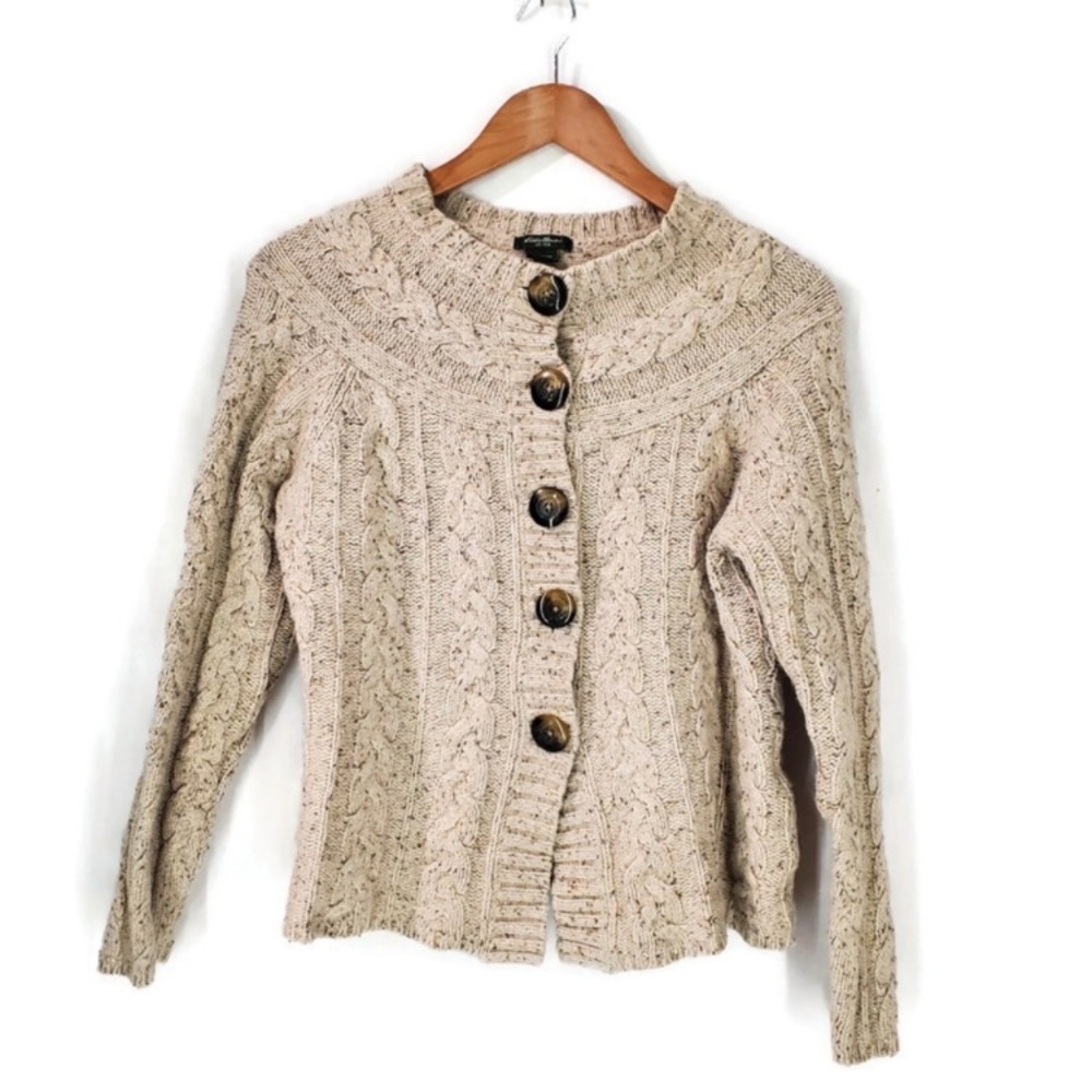 Eddie Bauer Beige Cable Knit fisherman Sweater Cardigan EUC - Picture 8 of 16